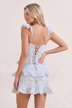 Sky Blue Printed Knitted Linen Ruffled Sheath Homecoming Dress - Curvevia