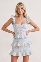 Sky Blue Printed Knitted Linen Ruffled Sheath Homecoming Dress - Curvevia
