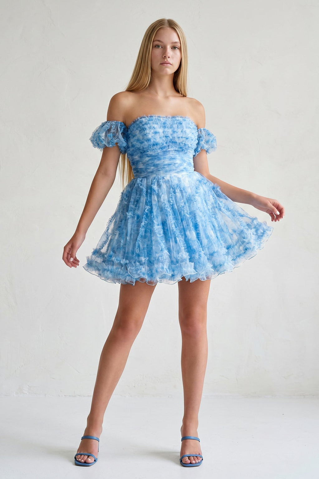 Blue Puff Sleeves Ruffles A-line Prints Wedding Guest Dress - Curvevia