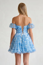 Blue Puff Sleeves Ruffles A-line Prints Wedding Guest Dress - Curvevia
