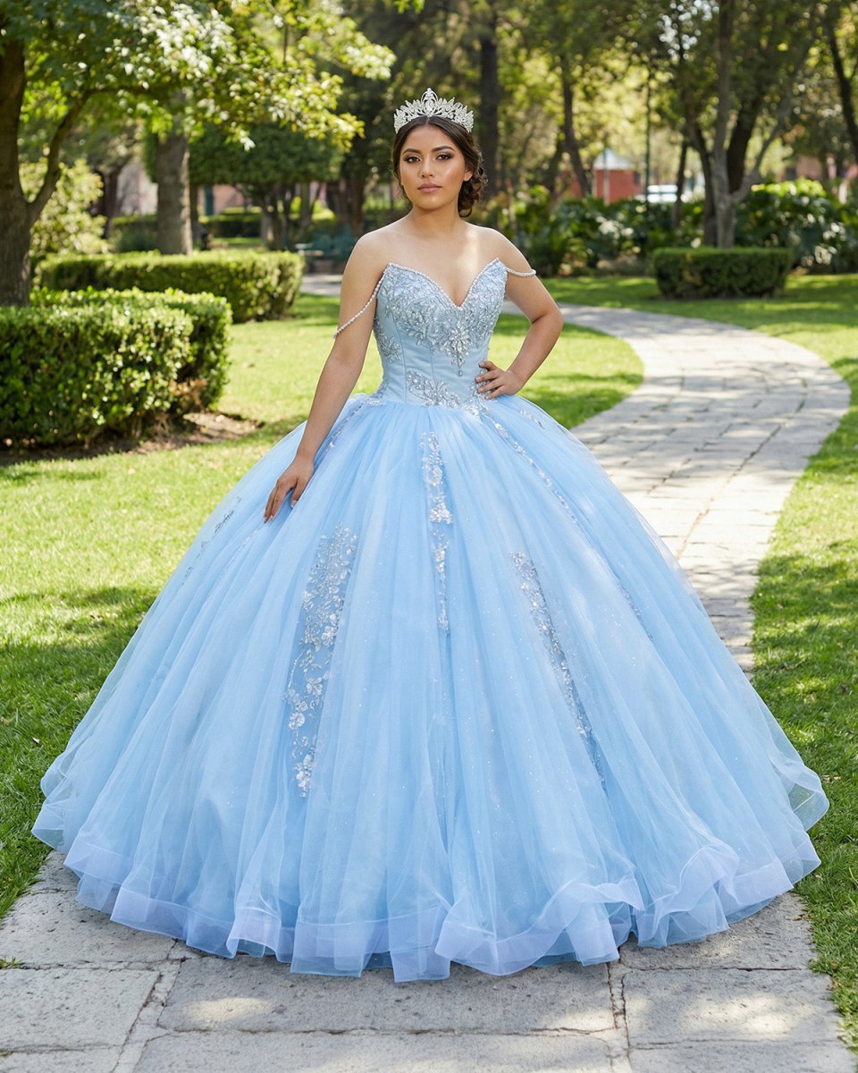 Sky Blue Quinceanera Dresses Off the Shoulder Beaded Lace Appliques - Curvevia
