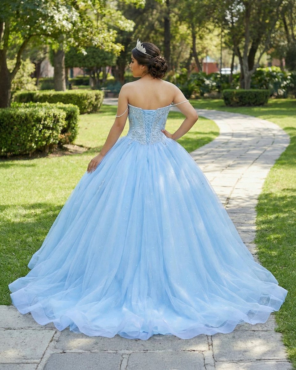 Sky Blue Quinceanera Dresses Off the Shoulder Beaded Lace Appliques - Curvevia
