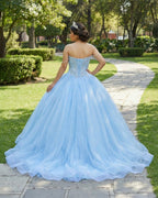 Sky Blue Quinceanera Dresses Off the Shoulder Beaded Lace Appliques - Curvevia