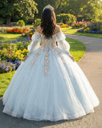 Sky Blue Quinceanera Dresses with 3D Flowers and Half Sleeve - Curvevia