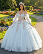 Sky Blue Quinceanera Dresses with 3D Flowers and Half Sleeve - Curvevia