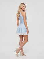 Sky Blue Satin A-Line Halter neckline Back Zip Short Dress with Lace Bodice - Curvevia