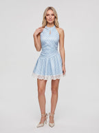 Sky Blue Satin A-Line Halter neckline Back Zip Short Dress with Lace Bodice - Curvevia