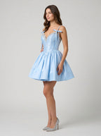 Sky Blue Satin A-Line Sweetheart Back Zip Short Dress with Beading - Curvevia