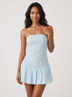 Sky Blue Satin A-Line Straight Neck Back Zip Short Dress with Pleats - Curvevia
