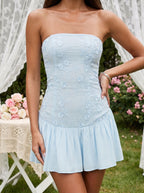 Sky Blue Satin A-Line Straight Neck Back Zip Short Dress with Pleats - Curvevia
