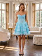 Blue Satin A-Line Sweetheart Back Zip Short Dress with Beading and Ruffles - Curvevia