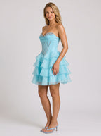 Blue Satin A-Line Sweetheart Back Zip Short Dress with Beading and Ruffles - Curvevia