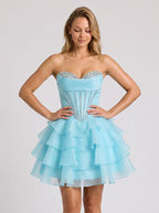 Blue Satin A-Line Sweetheart Back Zip Short Dress with Beading and Ruffles - Curvevia