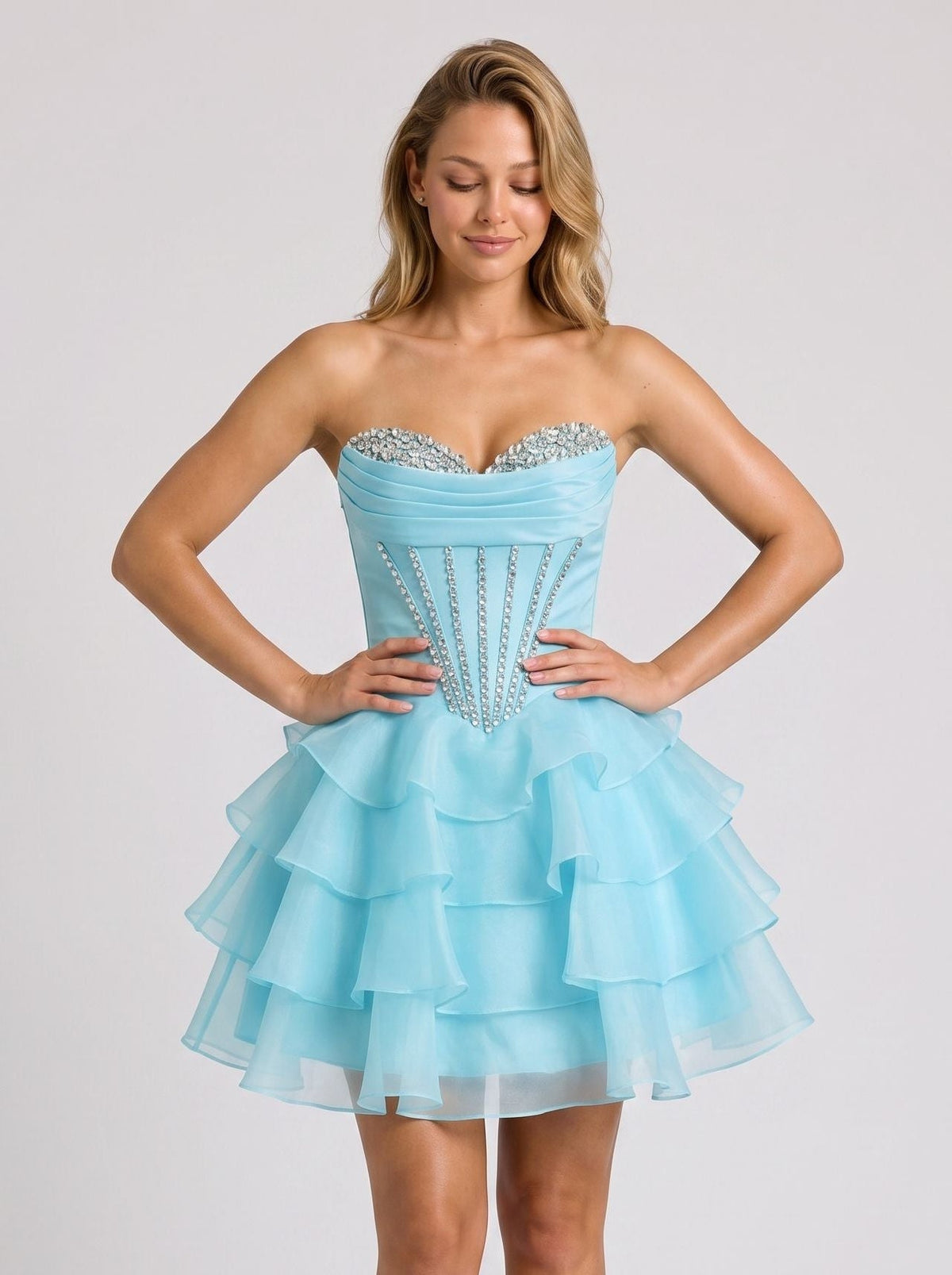 Blue Satin A-Line Sweetheart Back Zip Short Dress with Beading and Ruffles - Curvevia