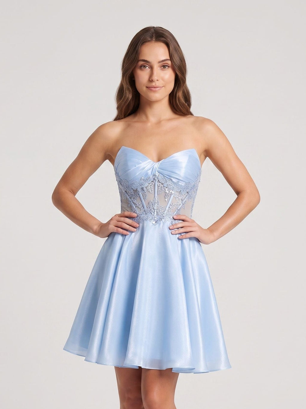 Sky Blue Satin A-Line Sweetheart Back Zip Short Dress with Appliques - Curvevia