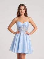 Sky Blue Satin A-Line Sweetheart Back Zip Short Dress with Appliques - Curvevia