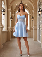 Sky Blue Satin A-Line Sweetheart Back Zip Short Dress with Appliques - Curvevia