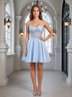 Sky Blue Satin A-Line Sweetheart Back Zip Short Dress with Appliques - Curvevia