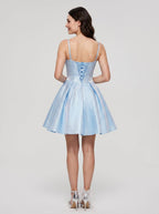Sky Blue Satin A-Line Sweetheart Criss-Cross Straps Short Dress with Pleated Bodice - Curvevia
