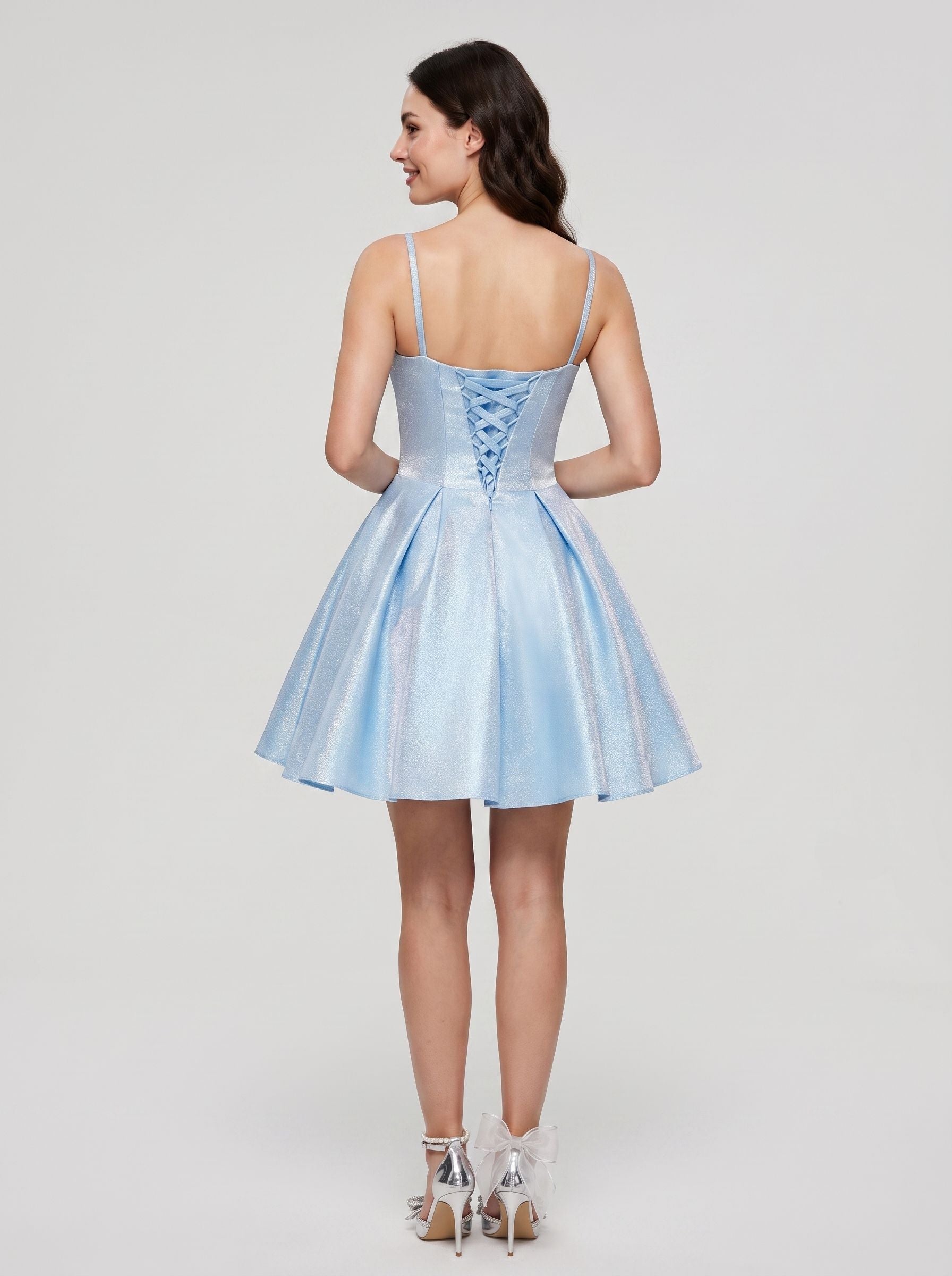 Sky Blue Satin A-Line Sweetheart Criss-Cross Straps Short Dress with Pleated Bodice - Curvevia