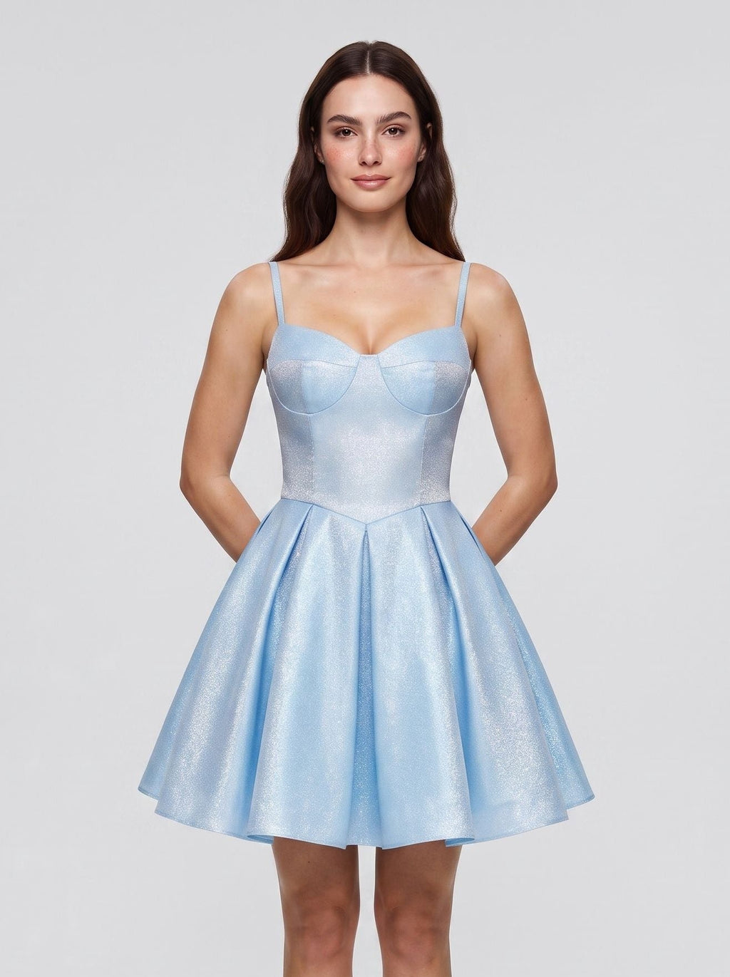 Sky Blue Satin A-Line Sweetheart Criss-Cross Straps Short Dress with Pleated Bodice - Curvevia
