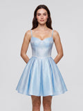 Sky Blue Satin A-Line Sweetheart Criss-Cross Straps Short Dress with Pleated Bodice - Curvevia