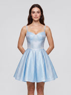 Sky Blue Satin A-Line Sweetheart Criss-Cross Straps Short Dress with Pleated Bodice - Curvevia