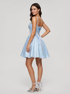 Sky Blue Satin A-Line Sweetheart Criss-Cross Straps Short Dress with Pleated Bodice - Curvevia