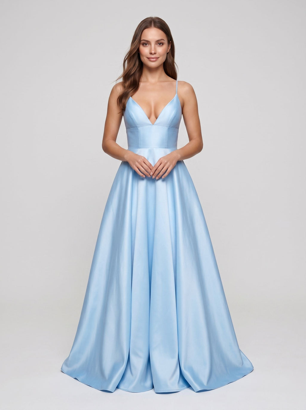 Sky Blue Satin A-Line V-Neck Backless Floor-Length Dress - Curvevia