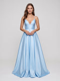 Sky Blue Satin A-Line V-Neck Backless Floor-Length Dress - Curvevia