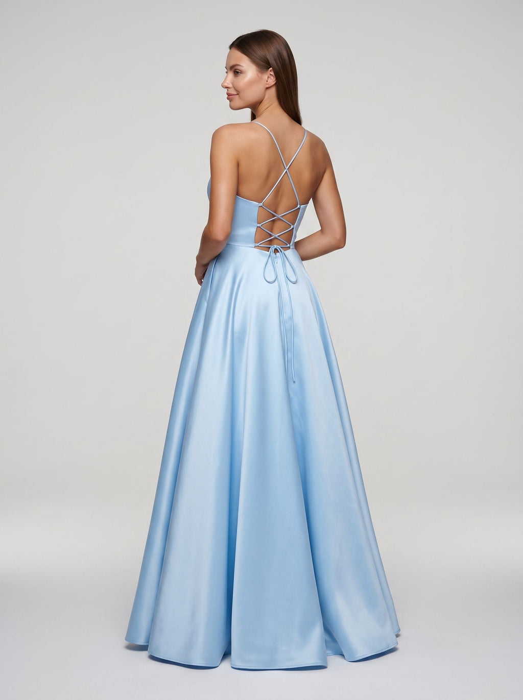 Sky Blue Satin A-Line V-Neck Backless Floor-Length Dress - Curvevia