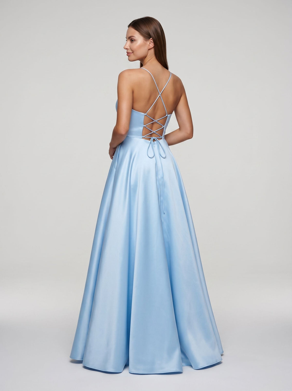 Sky Blue Satin A-Line V-Neck Backless Floor-Length Dress - Curvevia