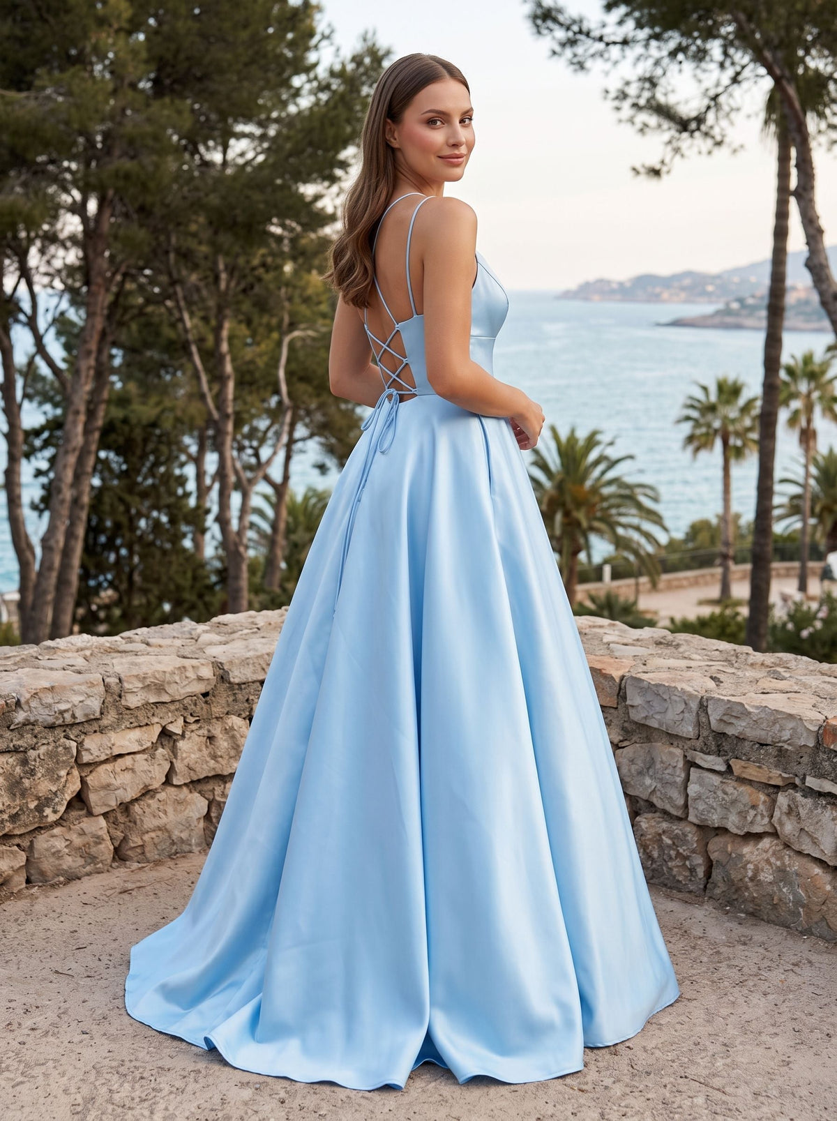 Sky Blue Satin A-Line V-Neck Backless Floor-Length Dress - Curvevia