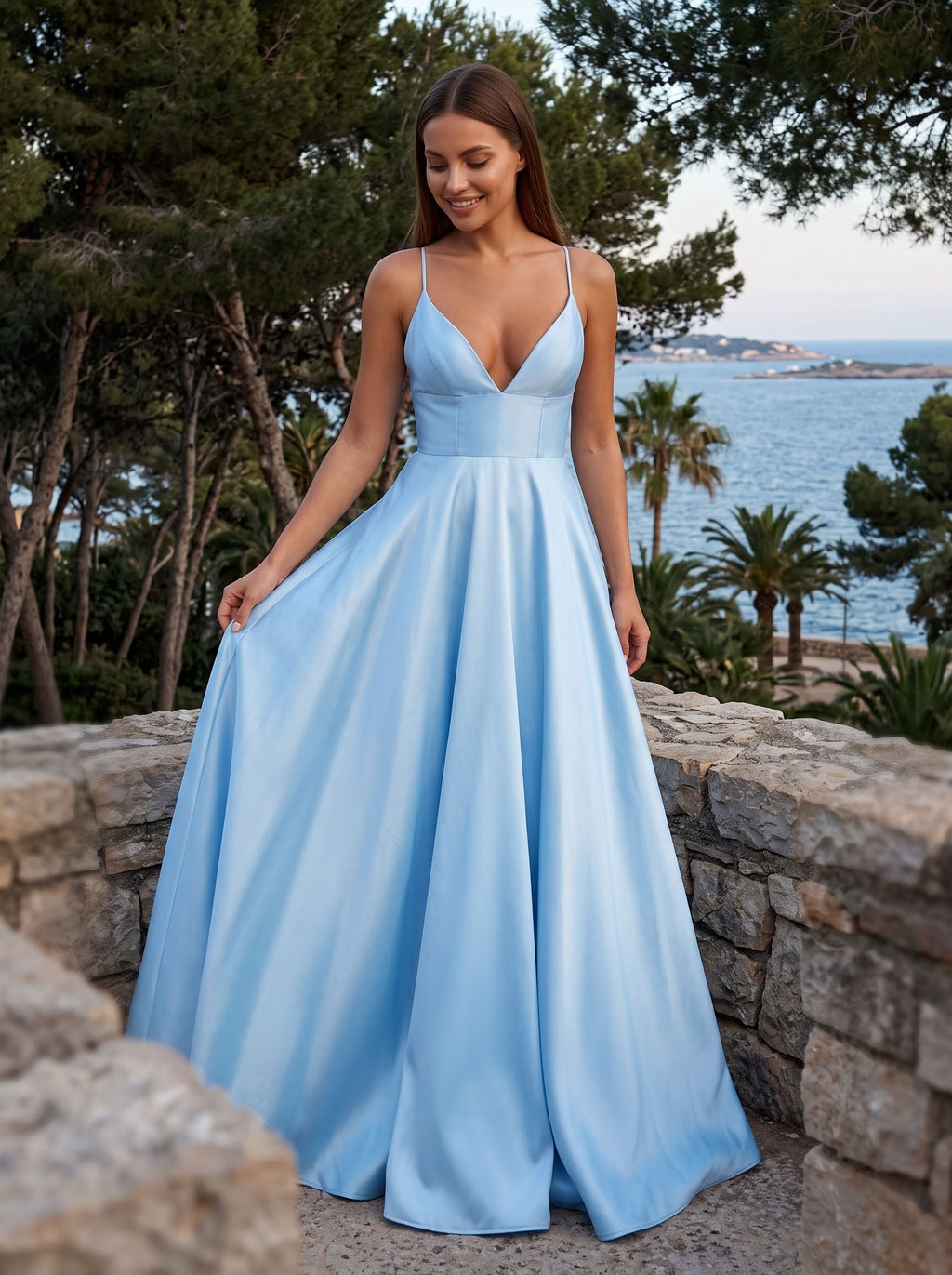 Sky Blue Satin A-Line V-Neck Backless Floor-Length Dress - Curvevia