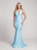 Sky Blue Satin Mermaid Halter neckline Backless Floor-Length Dress with Bow - Curvevia