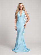 Sky Blue Satin Mermaid Halter neckline Backless Floor-Length Dress with Bow - Curvevia