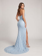 Sky Blue Satin Mermaid Halter neckline Corset Back Floor-Length Dress with Pearls - Curvevia