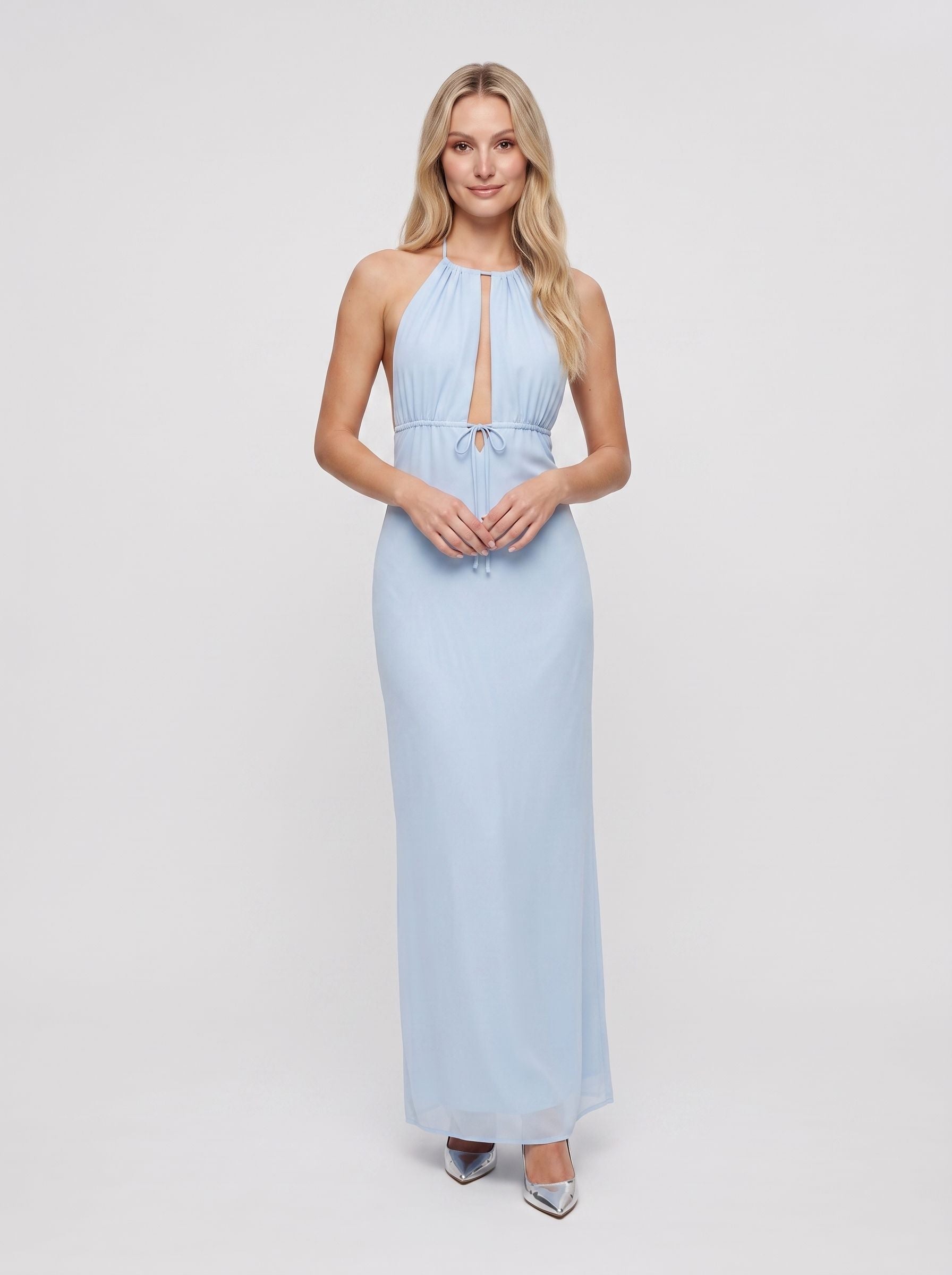 Sky Blue Chiffon Column Halter neckline Backless Floor-Length Dress with Keyhole - Curvevia