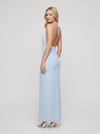 Sky Blue Chiffon Column Halter neckline Backless Floor-Length Dress with Keyhole - Curvevia