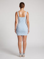 Sky Blue Matte Satin Sheath Square Neck Back Zip Short Dress with Beading - Curvevia