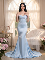Sky Blue Satin Mermaid Sweetheart Back Zip Floor-Length Dress with Court Train - Curvevia