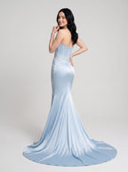 Sky Blue Satin Mermaid Sweetheart Back Zip Floor-Length Dress with Court Train - Curvevia