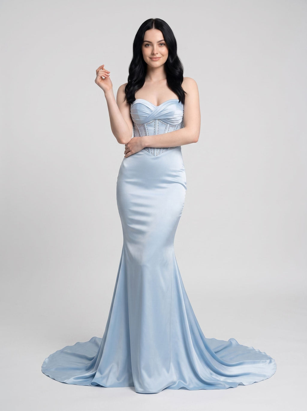 Sky Blue Satin Mermaid Sweetheart Back Zip Floor-Length Dress with Court Train - Curvevia
