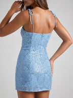 Sky Blue Sequin Sheath Sweetheart Side Zip Short Dress with Tie Shoulders - Curvevia
