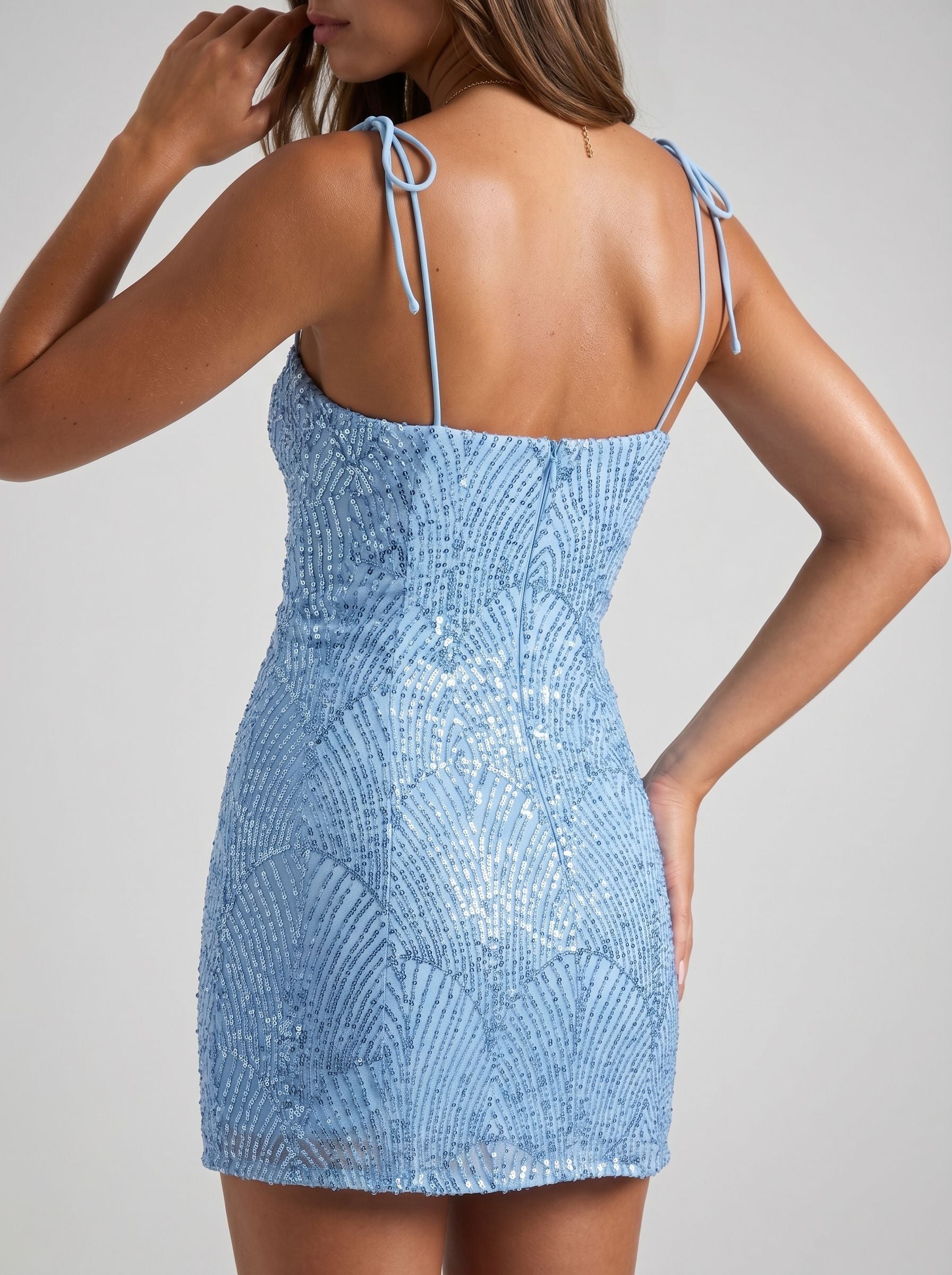 Sky Blue Sequin Sheath Sweetheart Side Zip Short Dress with Tie Shoulders - Curvevia