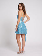 Sky Blue Sequins A-Line Straight Neck Lace-up Short Dress with a Ruffled Side Train - Curvevia