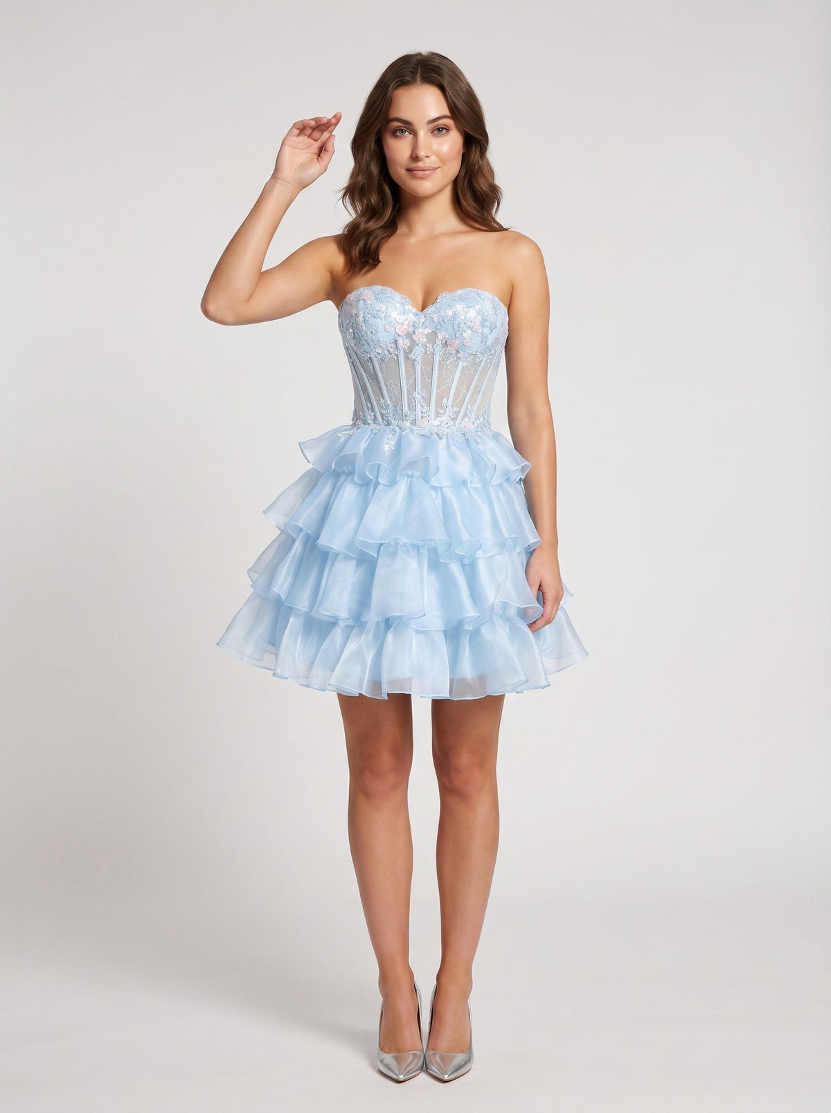 Sky Blue Sequins A-Line Sweetheart Lace-up Short Dress with Corset Bodice - Curvevia