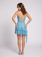 Sky Blue Sequins A-Line Straight Neck Lace-up Short Dress with a Ruffled Side Train - Curvevia