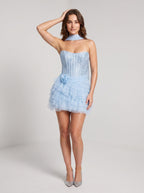 Sky Blue Tulle A-Line Sweetheart Back Zip Short Dress with Tiered Ruffles - Curvevia