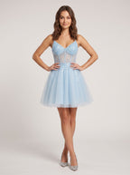 Sky Blue Sequins A-Line V-Neck Lace-up Short Dress with Beading - Curvevia